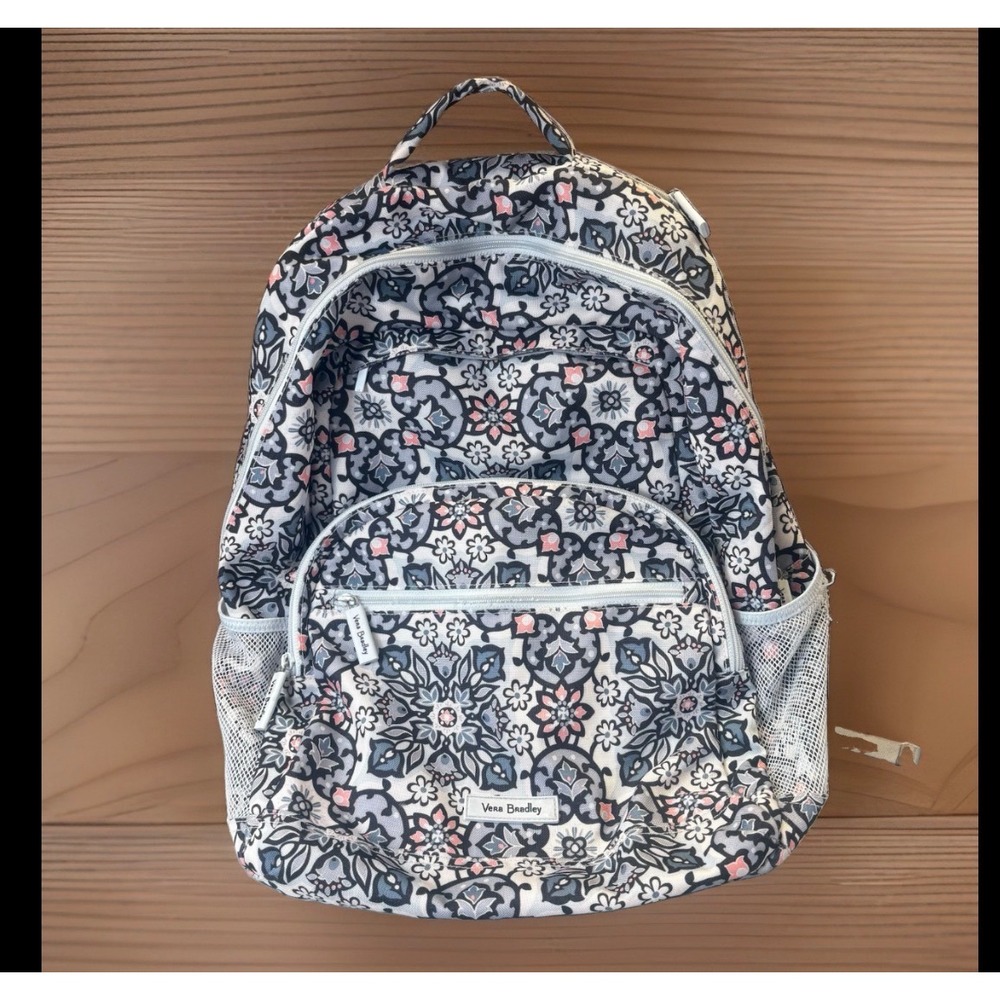 Vera Bradley Lisbon Medallion Backpack Blue Grey Floral Travel School Bag
